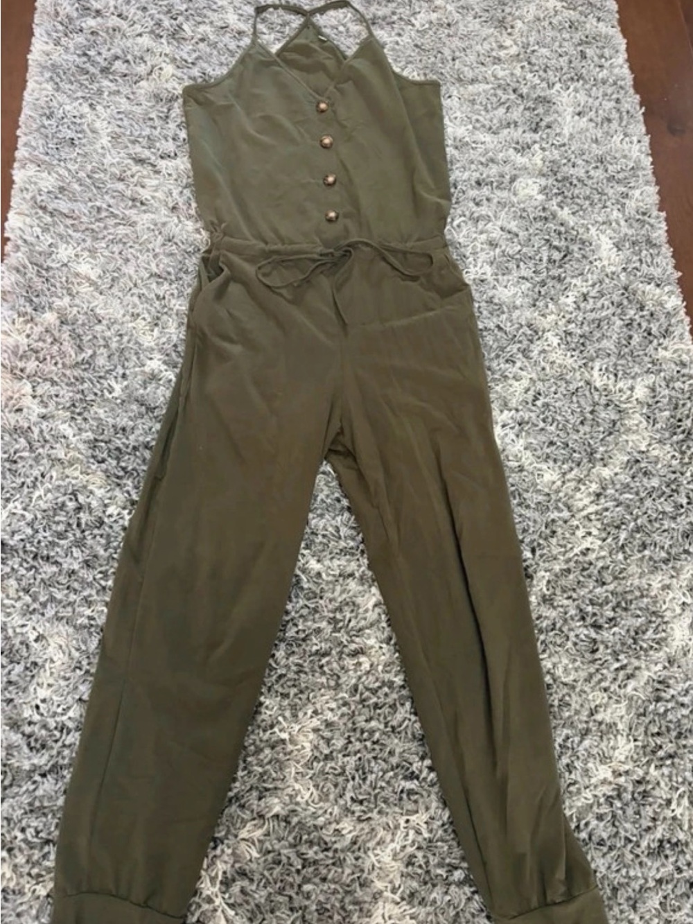 Olive Green Women's Button-Front Strap Jumpsuit